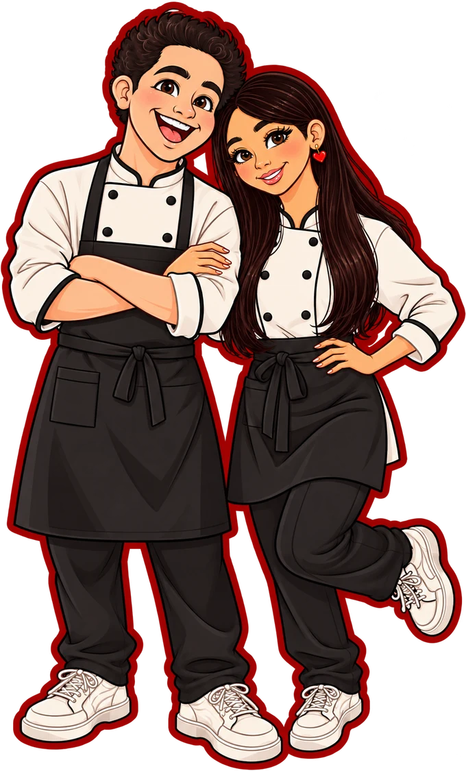 Melani y su socio, los dueños de Empacha2, con su uniforme de cocina